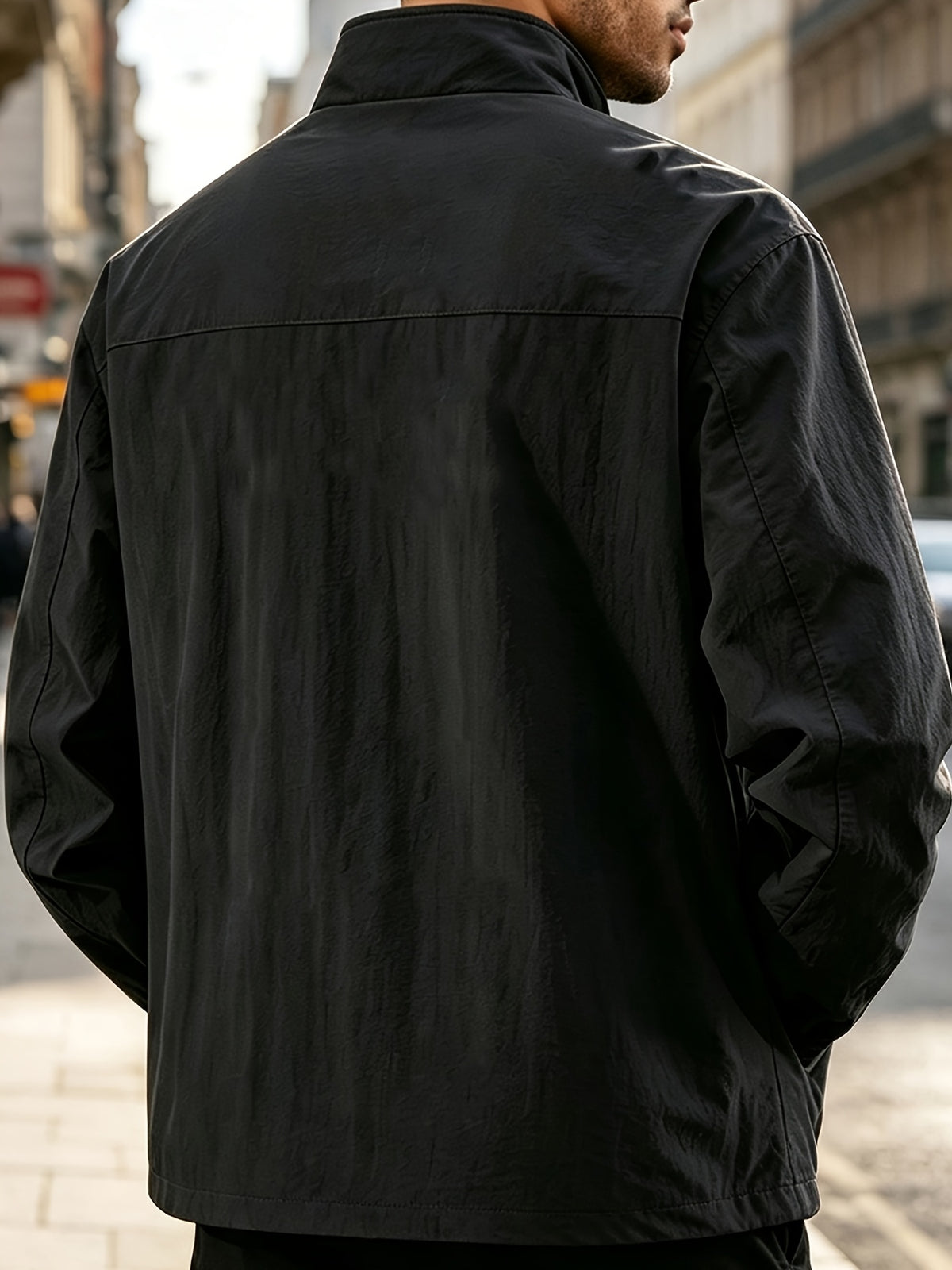 DIFFELEMENT Men'S Stand-Collar Tech Cargo Jacket, Lightweight Breathable Woven Fabric Windproof High Collar Full Zipper Front with Large Pockets And Dual Storage Design, Regular Fit for City Commute, Outdoor Hiking, Daily Layering, Casual Scenarios - Black
