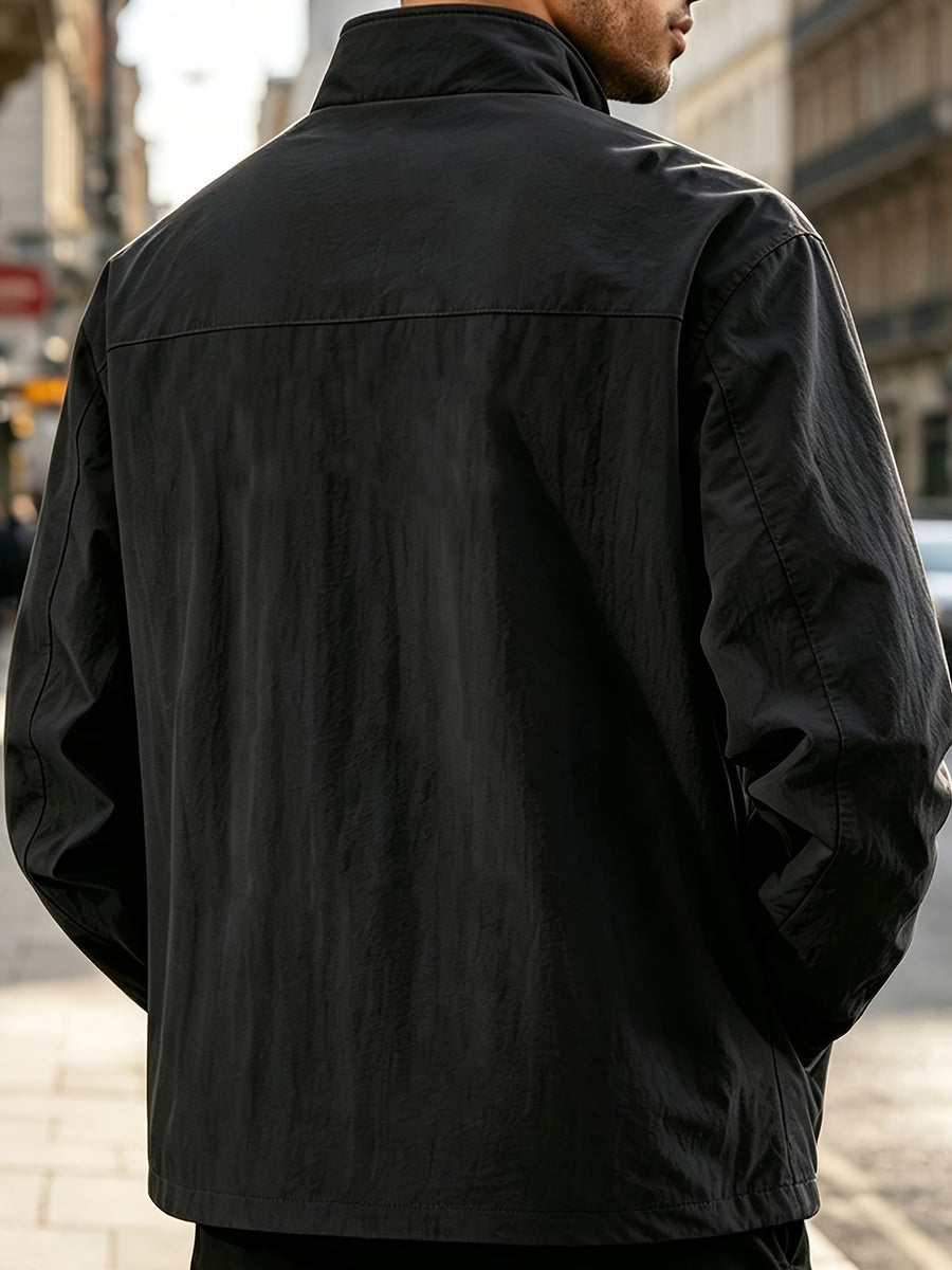 DIFFELEMENT Men'S Stand-Collar Tech Cargo Jacket, Lightweight Breathable Woven Fabric Windproof High Collar Full Zipper Front with Large Pockets And Dual Storage Design, Regular Fit for City Commute, Outdoor Hiking, Daily Layering, Casual Scenarios - Black