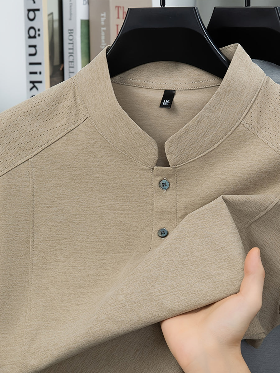 Stand-up Collar Youth Summer Short-sleeve New Style Half-sleeve Top, Pullover Outerwear, Solid Color Versatile Garment - Khaki