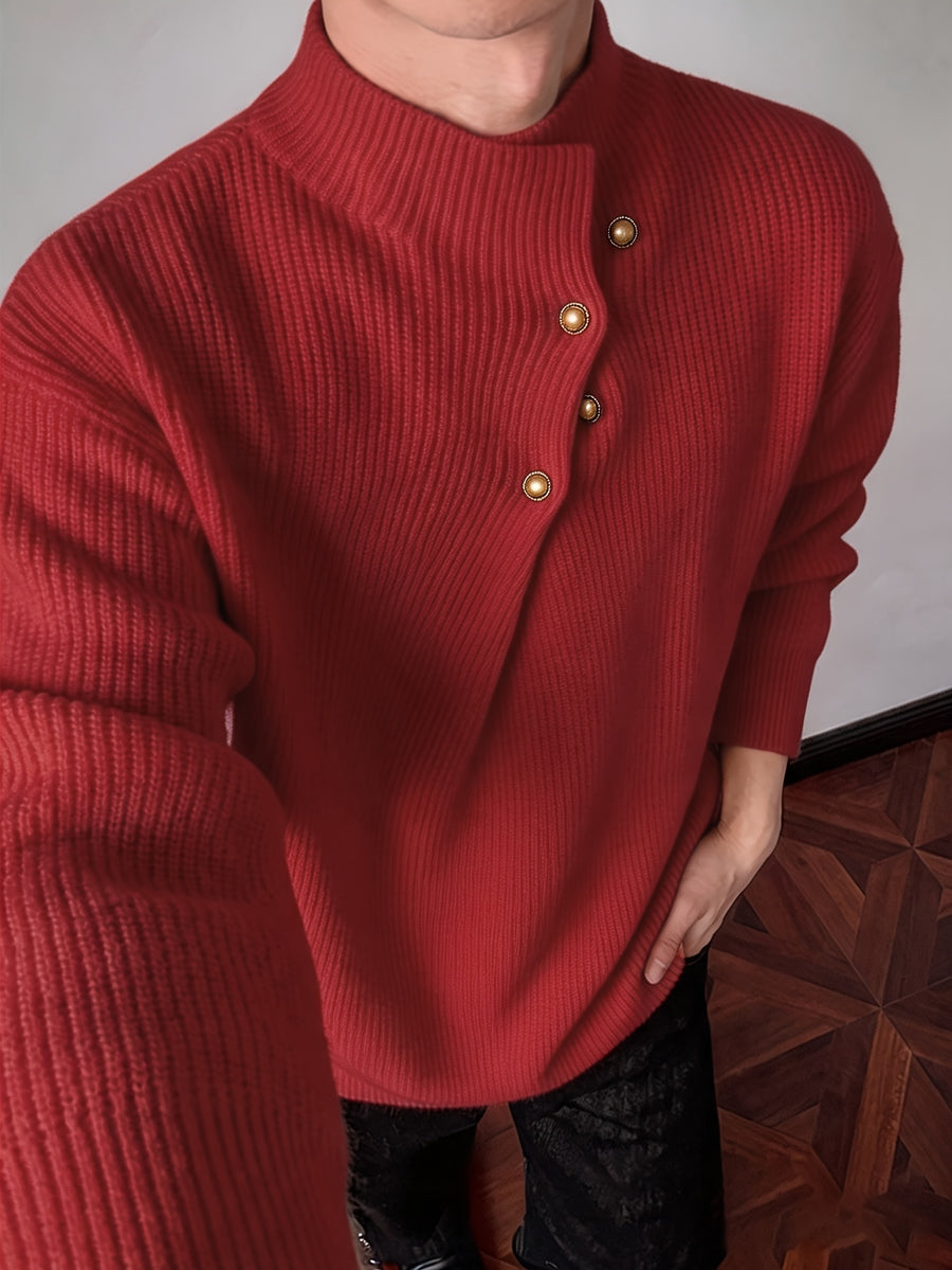 Men's Half-Turtleneck Sweater, Vintage Loose Drop-Shoulder Fit, Old Money Style Simple Casual Design, Autumn/Winter Warm Cable Knit Fabric, Skin-Friendly and Soft, Diagonal Placket with Button Row, Versatile Men's Knit Top, Men's Long-Sleeve Pullover - Red