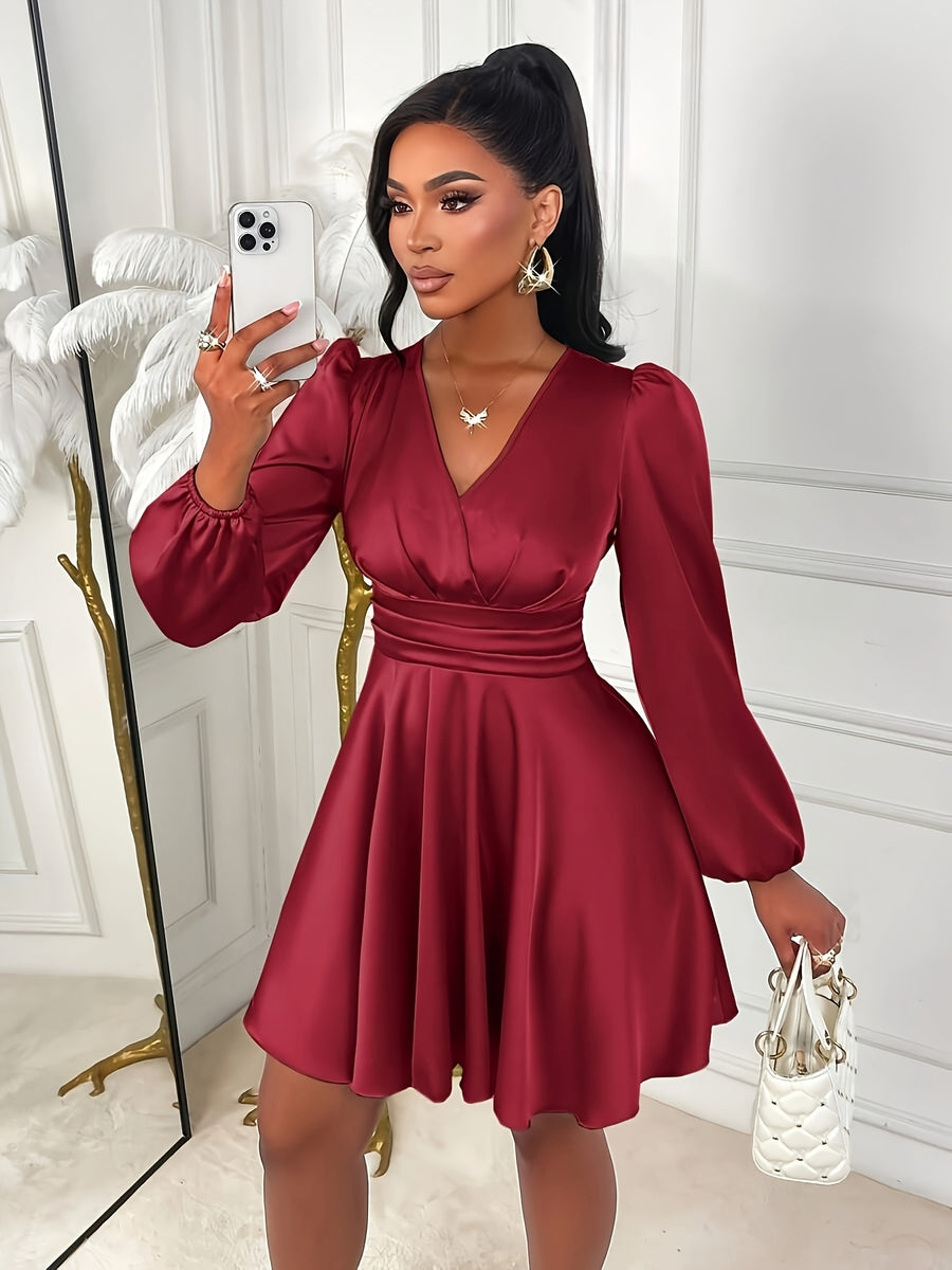 Ladies' New Fashion Court Style Puff Sleeve Dress, Elegant Wine Red Satin Waist-Cinched Short Dress, Light Luxury Socialite Style New Year Party Gown - Burgundy