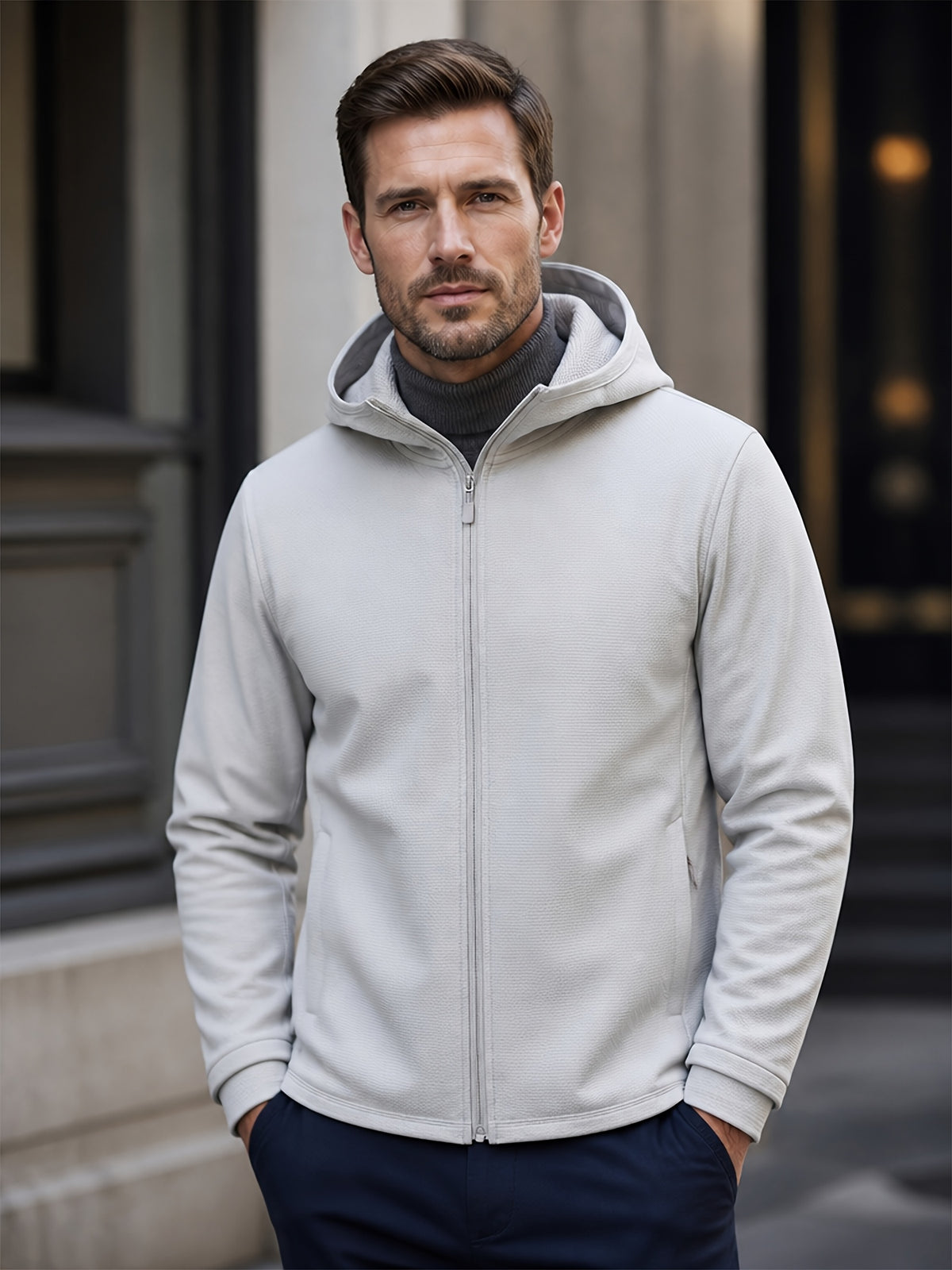 Men's Full-Zip -Lined Hooded Jacket, Lightweight Warm Softshell Outerwear, Men's Fashion Hoodie, Loose and Stretchy, Business Casual Outdoor Hoodie, Thermoregulating Top, Suitable for Office, Commuting, Travel, and Daily Autumn/Winter Wear - Light Silvery Grey