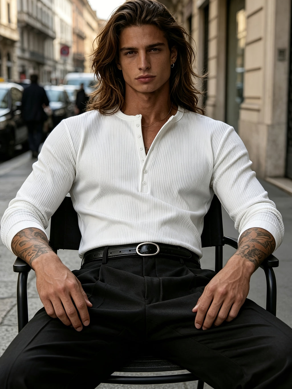 [Josh Mei OBM] French Retro Men'S White Long Sleeve Henley Shirt, Knit Inner Layer Outer Wear Base Layer, Elegant Open Cardigan Round Neck Design, Temperament Casual Top - White