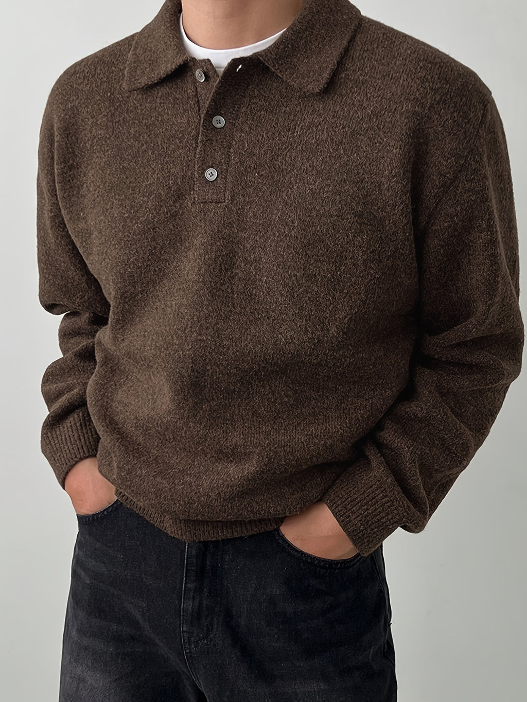 Men's POLO Collar Sweater for Autumn/Winter, Lazy-Style High-End Winter Pullover, Inner Layer Base Top, Lapel Knit Outerwear, Thick Jacket - Coffee Color