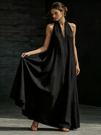 Women's Summer V-Neck Linen-Look Maxi Dress with Hidden Pockets - Black