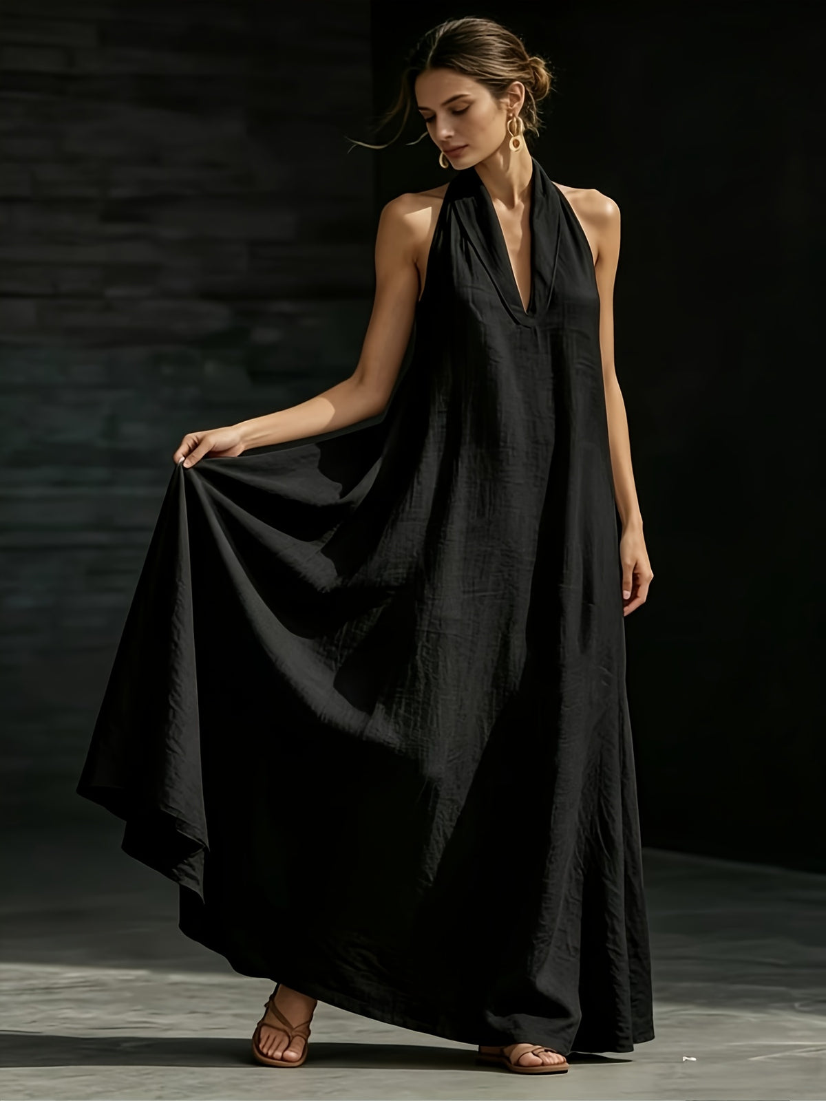 Women's Summer V-Neck Linen-Look Maxi Dress with Hidden Pockets - Black