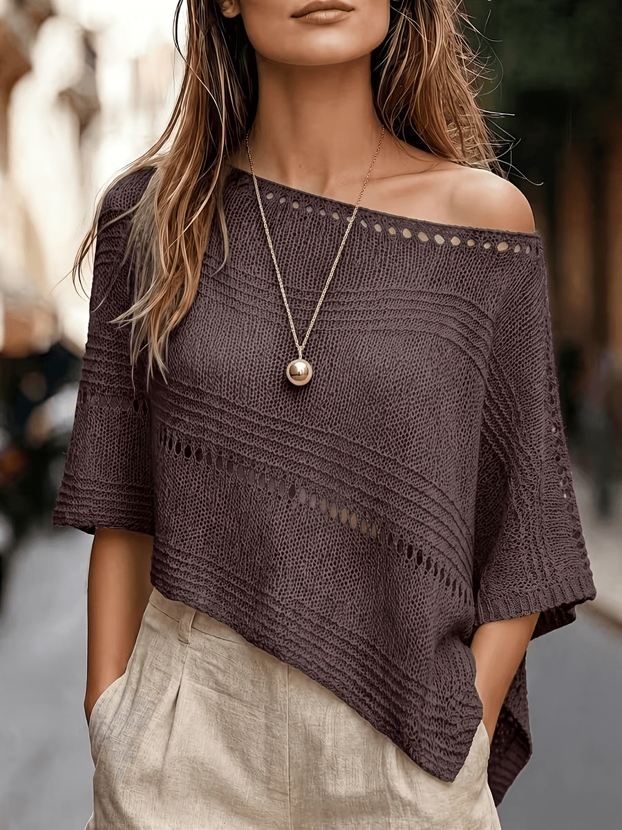 Women'S Hollow-Out Poncho Top, Boat Neck Irregular Hem Summer Beach Cover-Up, Seaside Bohemian Vacation Style Casual Top, Lightweight Breathable Loose Sweater, Mesh Detail Striped Design, Relaxed Layering Style, Suitable for Holiday, Daily Wear - Coffee Color
