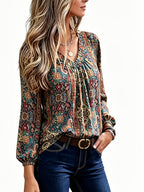 Women' Bohemian Paisley Blouse - V-Neck Ruffled Lantern Sleeve Top with Chest Wrinkle Detail, Loose Fit Ethnic Shirt Suitable for Casual & Dressy Wear, Machine Washable Blouse for Seasons - Multicolor
