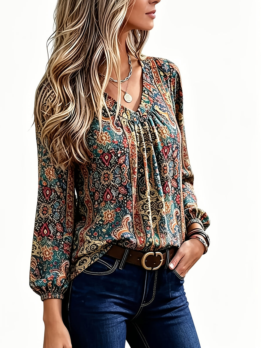 Women' Bohemian Paisley Blouse - V-Neck Ruffled Lantern Sleeve Top with Chest Wrinkle Detail, Loose Fit Ethnic Shirt Suitable for Casual & Dressy Wear, Machine Washable Blouse for Seasons - Multicolor
