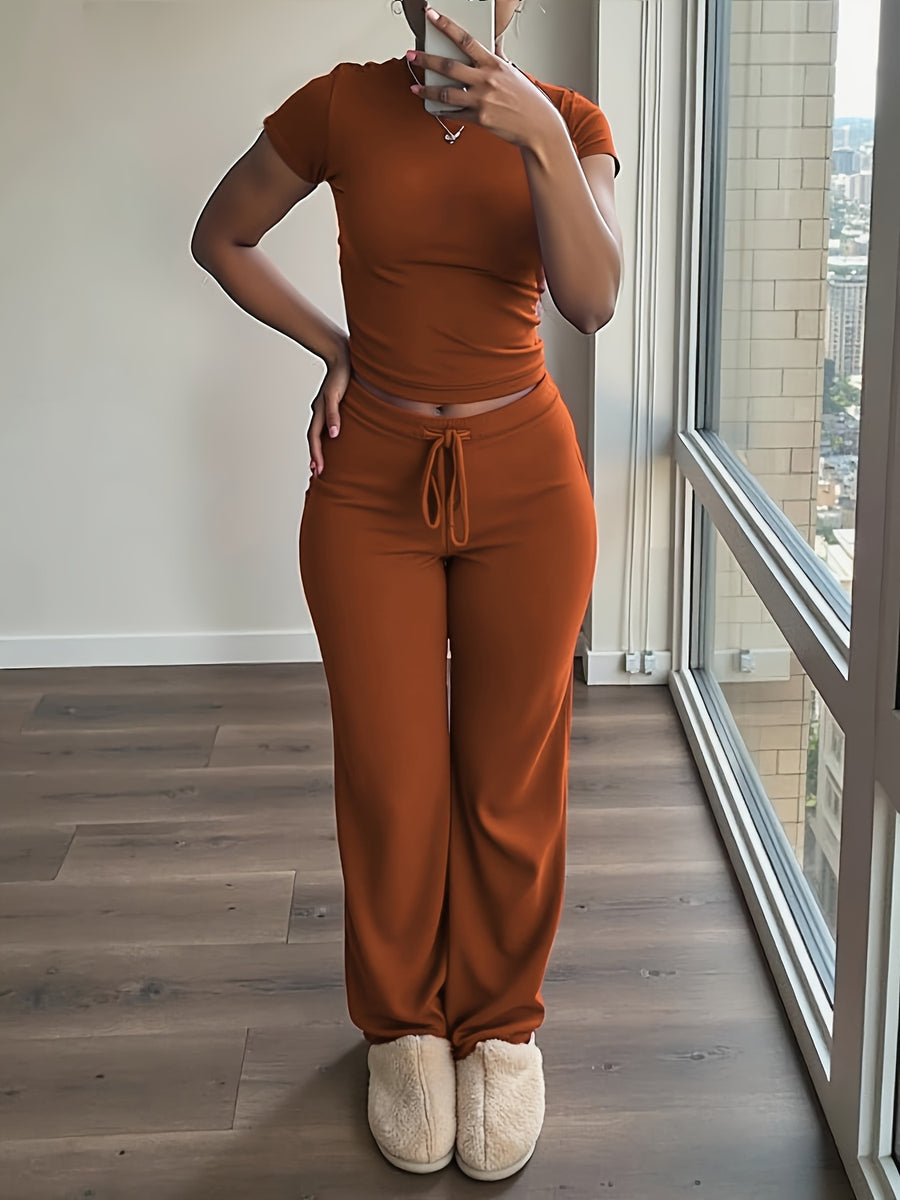 Women'S 2pcs Short Sleeve Top And Wide-Leg Pants Set, Fake Drawstring Waistband, Casual All-Season Outfit, Comfortable Home Wear, Daily Attire, Casual Style, Short Sleeve Top, Women'S Set, Women'S Clothing, Fashion Top, Autumn Women'S Wear - Light Brown-1
