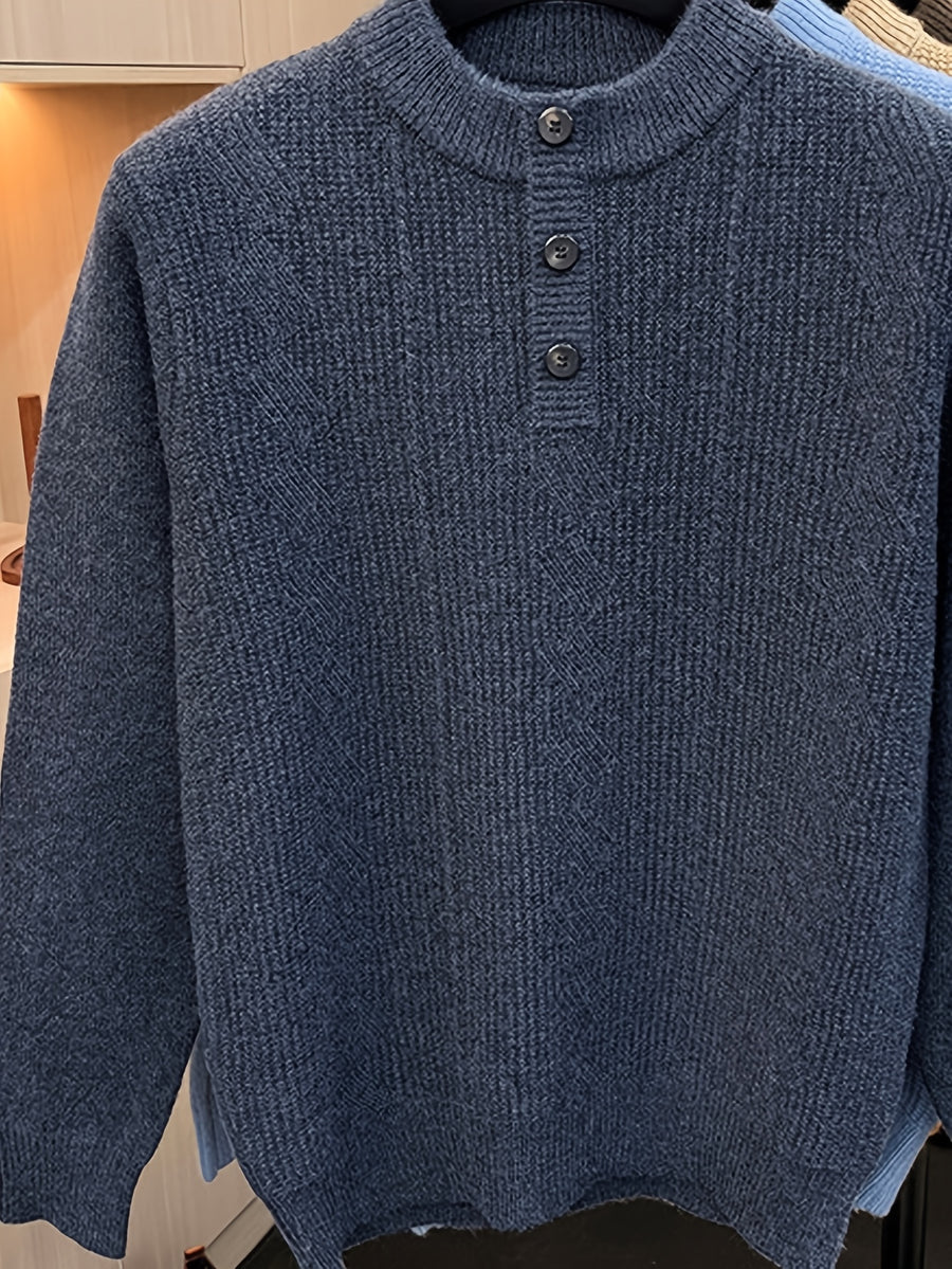Spring And Autumn Men'S Half-Button Henley Collar Knit Sweater 3D Jacquard Texture Warm Easy And Atmospheric Middle-Aged Men'S Commuter Pullover - Deep Gray