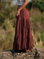 Women's Casual Western-Style Long Pleated Skirt with Drawstring Waist, Multi-Layer Texture for Vacation, Leisure, and Daily Wear - Brick Red