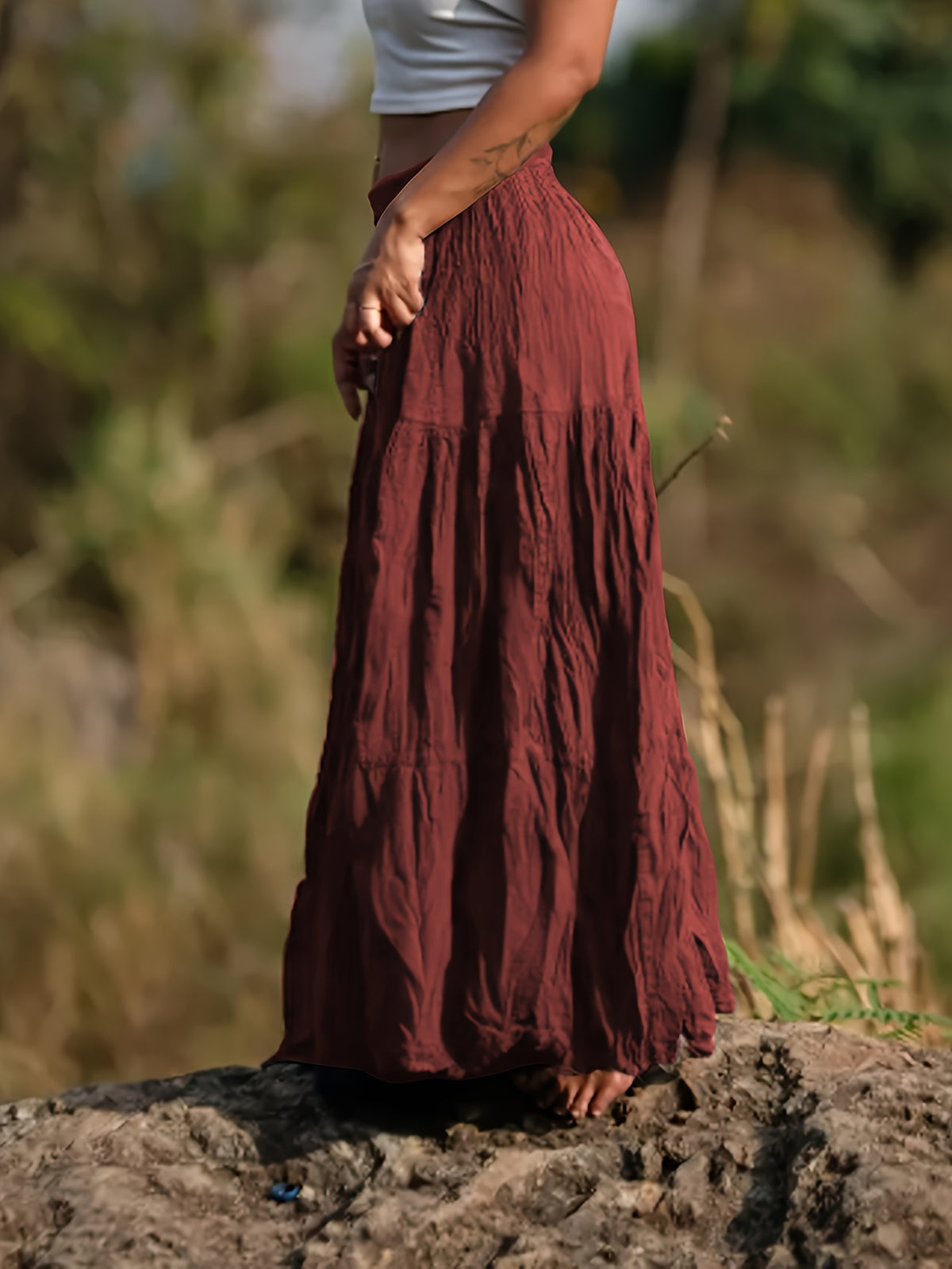 Women's Casual Western-Style Long Pleated Skirt with Drawstring Waist, Multi-Layer Texture for Vacation, Leisure, and Daily Wear - Brick Red