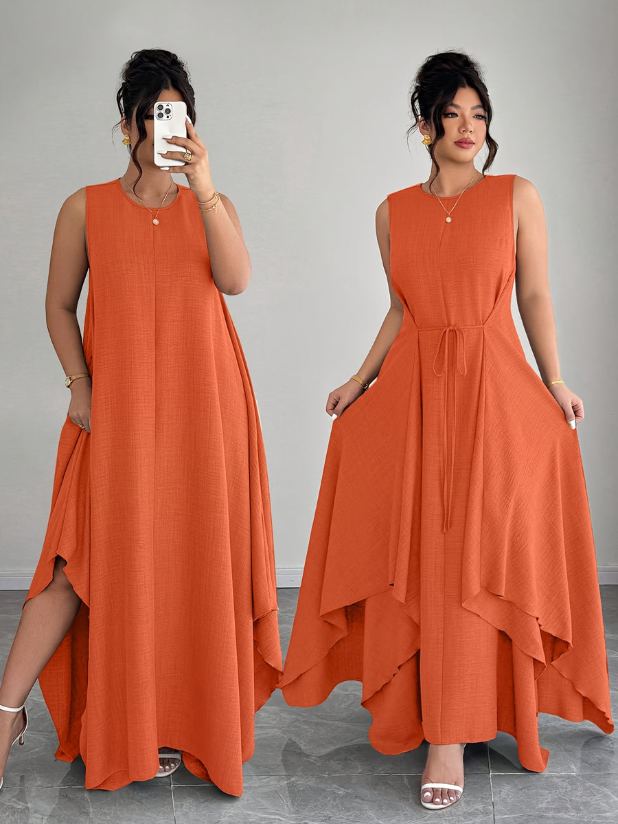 Women'S Elegant Vacation Casual Daily Outerwear Tie-Belt A-Line Asymmetrical Hem Dress - Orange-Red