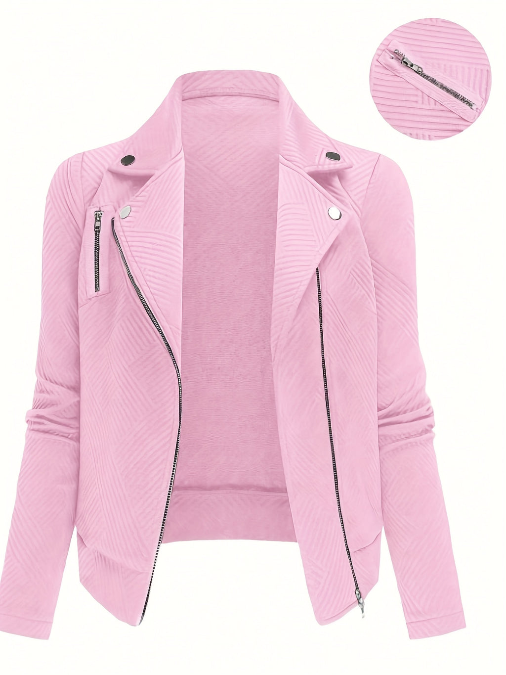 Women's New Solid Color Maze Grid Zipper Button Decorated Biker Jacket, a Stylish and Elegant Commuting, Outing, and Daily Wear Casual Jacket Top, Suitable for Autumn and Winter Seasons - Pink Color