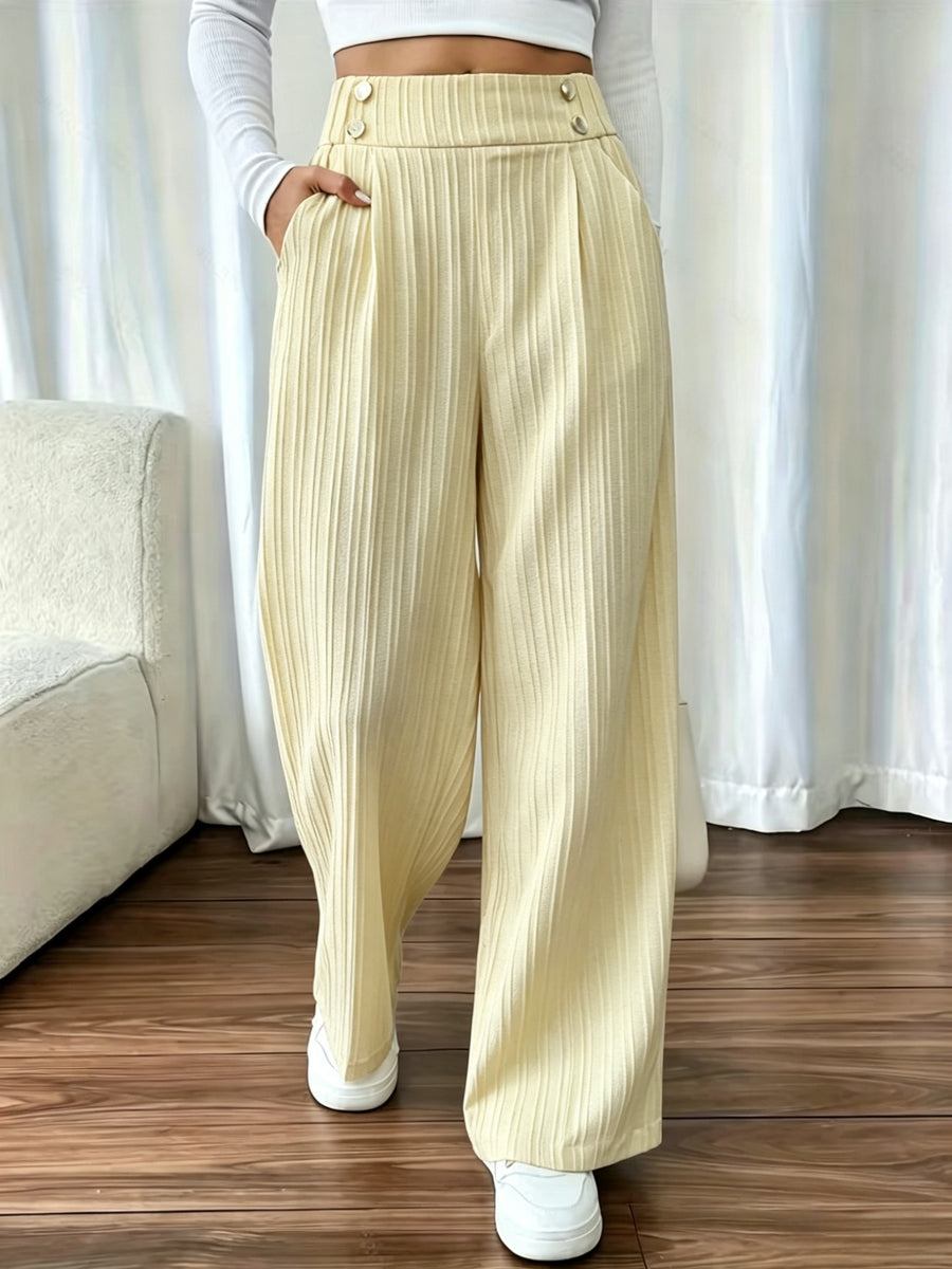 Women's Elegant Wide-Leg Pants with Textured Fabric - Machine Washable All-Season Trousers for Casual & Formal Wear - Yellow