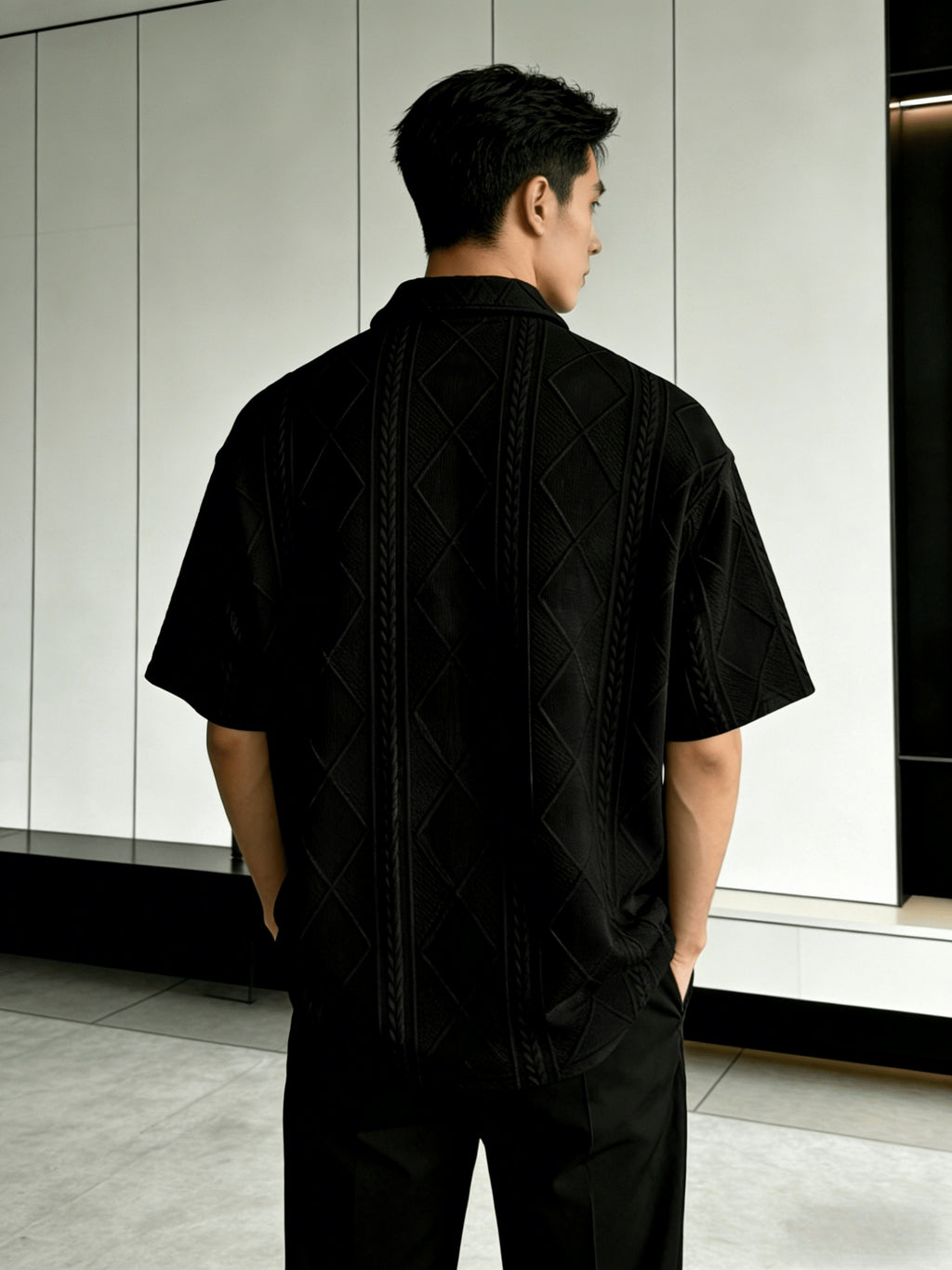 Men'S Summer New Premium Loose Short Sleeve Half-Zip Collar Polo Shirt Jacquard Short Sleeve T-Shirt - Black