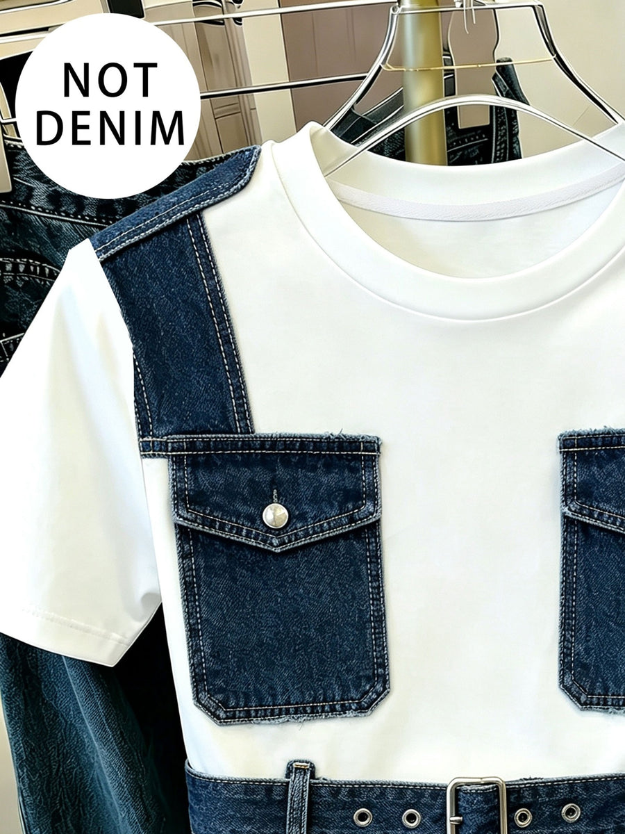 [Printed Pants - Not Faux Denim Fabric]Casual Women'S T-Shirt, New Clothing, Women'S Pullover Sweater, Summer Women'S Top, Casual Home Wear, Faux Denim Print, Patchwork Style, Niche Design, Sweet And Cool Style, Gift - White