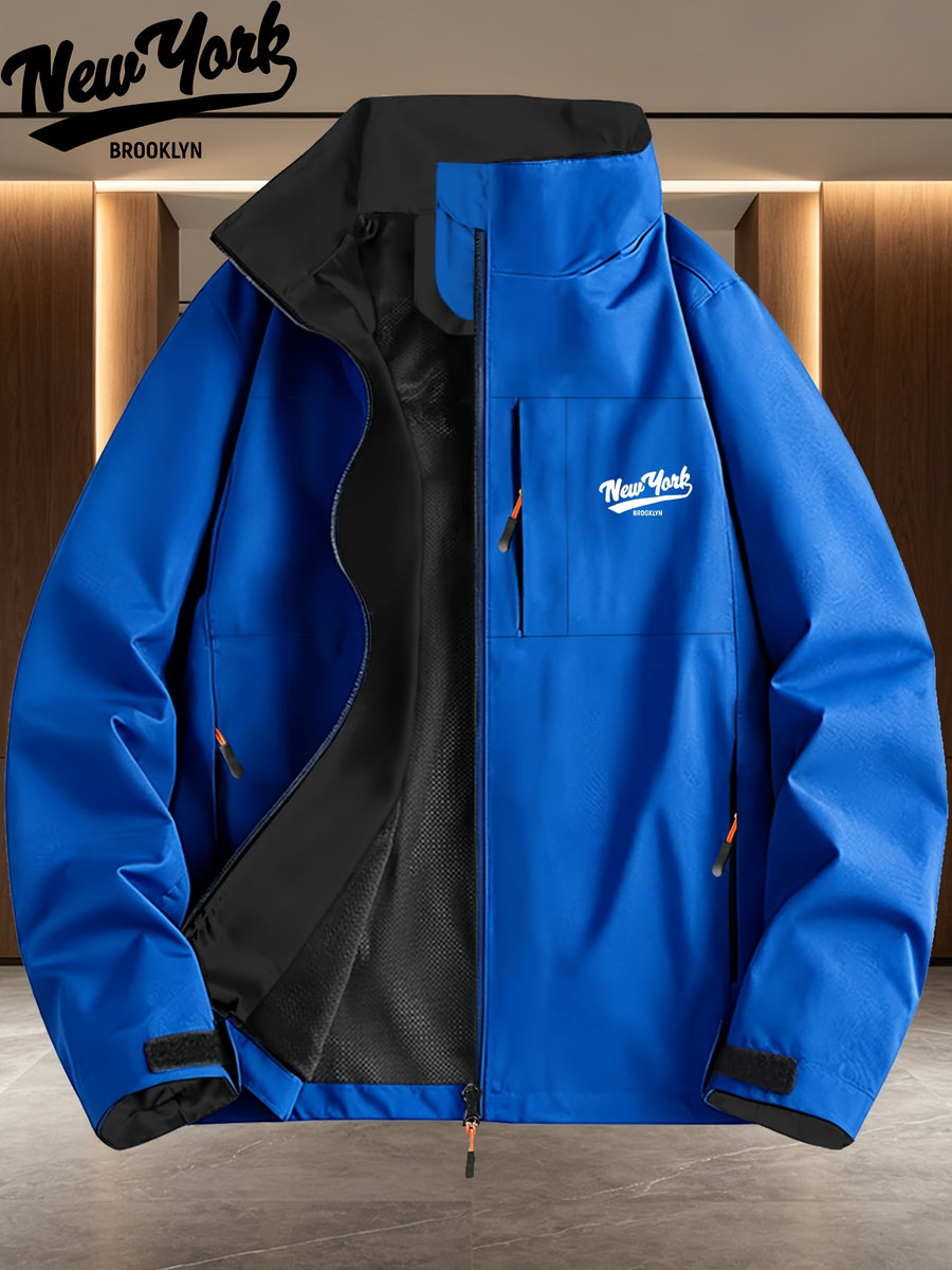 New York Brooklyn Handwritten Letter Print Navy Blue Lined Stand Collar Windproof Jacket for Men and Women, Spring/Autumn White Multi-Pocket Outdoor Windbreaker - Royal Blue