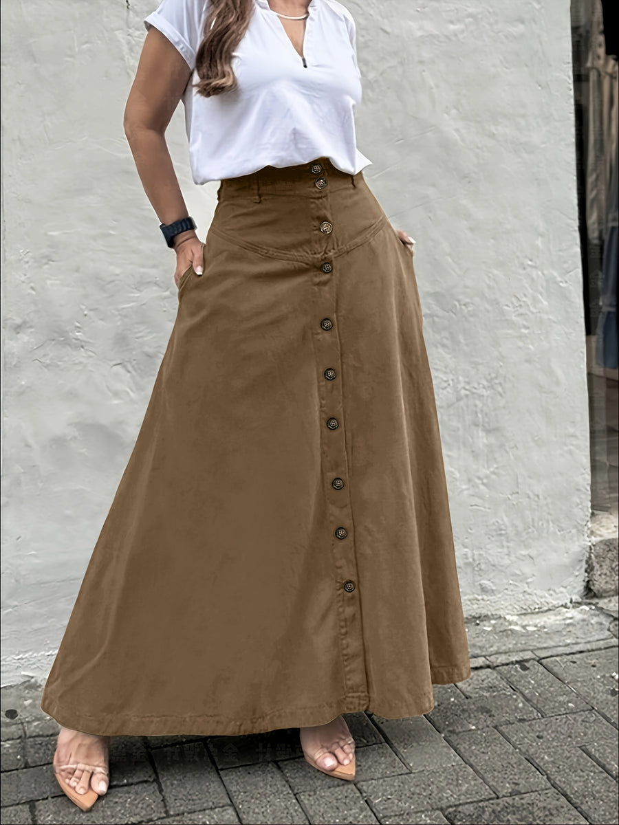 Women's Elegant Solid Color High Waist Mid-Long Skirt, Fashionable and Practical with Pockets and Button Front Slit A-line Skirt, Can be Worn in Spring, Summer, Autumn and Winter - Coffee Brown