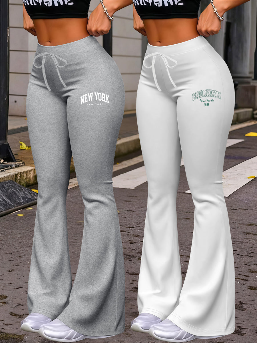 New Autumn Women's Clothing from Europe and America, NEW YORK & BROOKLYN Letter Print, Daily Casual Wear, Two-Pack of Comfortable Slim-Fit Stretch Tapered Straight-Leg Pants with Drawstring Waistband - Light Grey+White