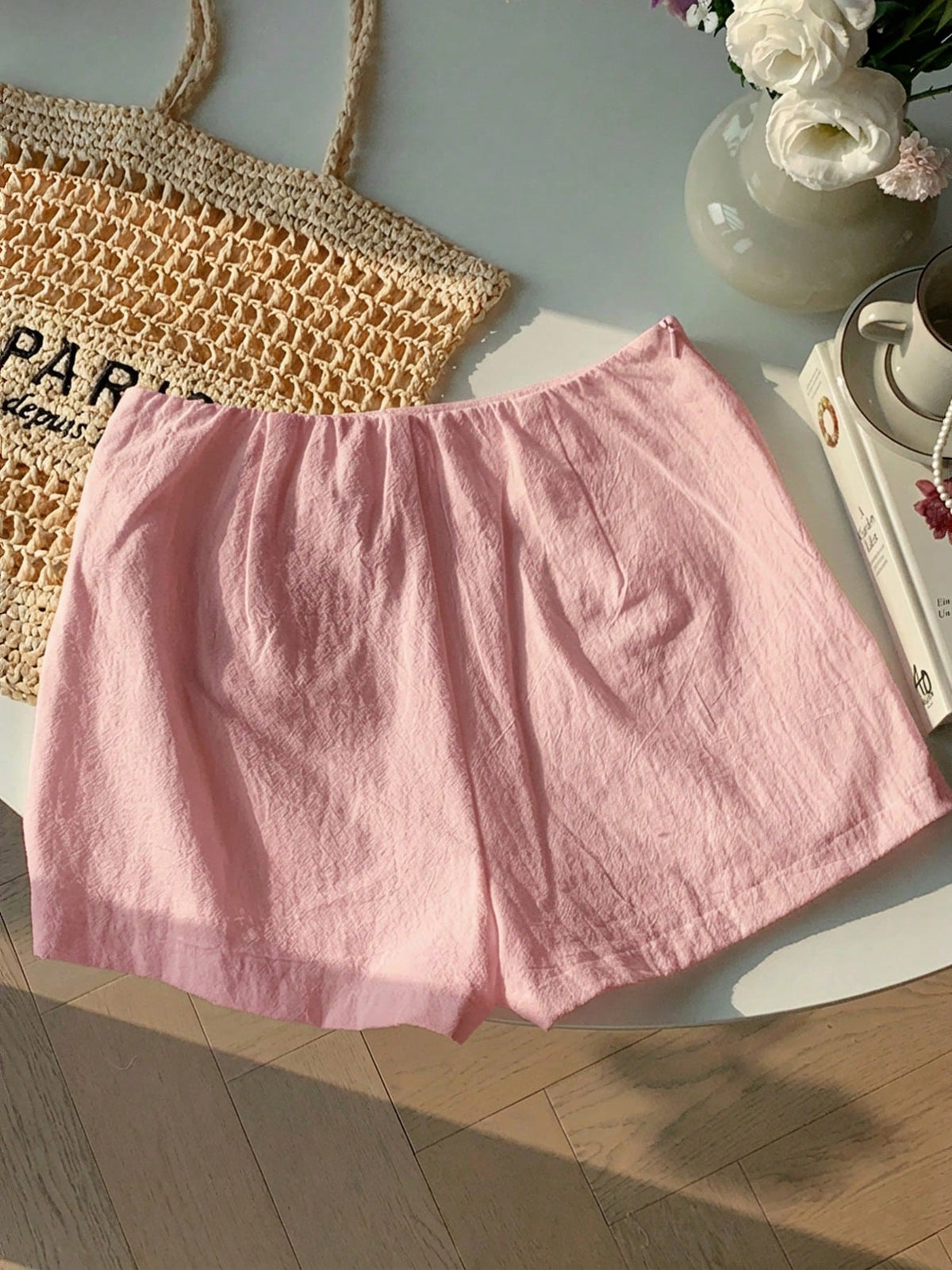 Women's Casual Daily Commuter Simple Solid-color Belted Slit Culottes, Summer Comfortable Breathable Short Skirt Half Skirt - Pink
