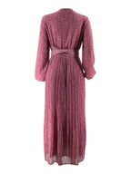 Women's Middle Eastern Muslim Chiffon Floral Print Long Dress - Dark Pink