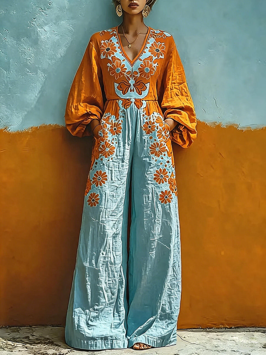 Elegant Casual Color-Block V-Neck Floral Print Jumpsuit with Lantern Sleeves, High Waist, Wide Leg, and Flowy Holiday Style - Mixed colors