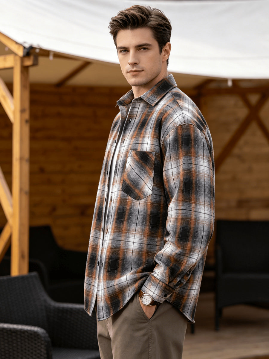 Men'S Plaid Long Sleeve Shirt, Lapel Button Design Loose Fit Fashion Casual Outdoor Street Versatile All-Season Base Layer - Huang Haige