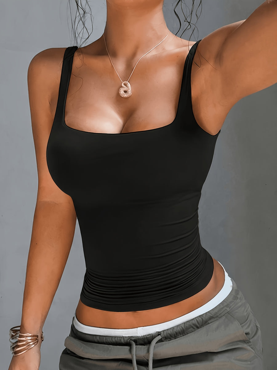 European and American Basic Style Solid Color Square Neck Tank Top, High-Stretch Slim-Fit Bodycon Cropped Waist-Revealing Sleeveless Base Layer Top for Inner or Outer Wear - Black