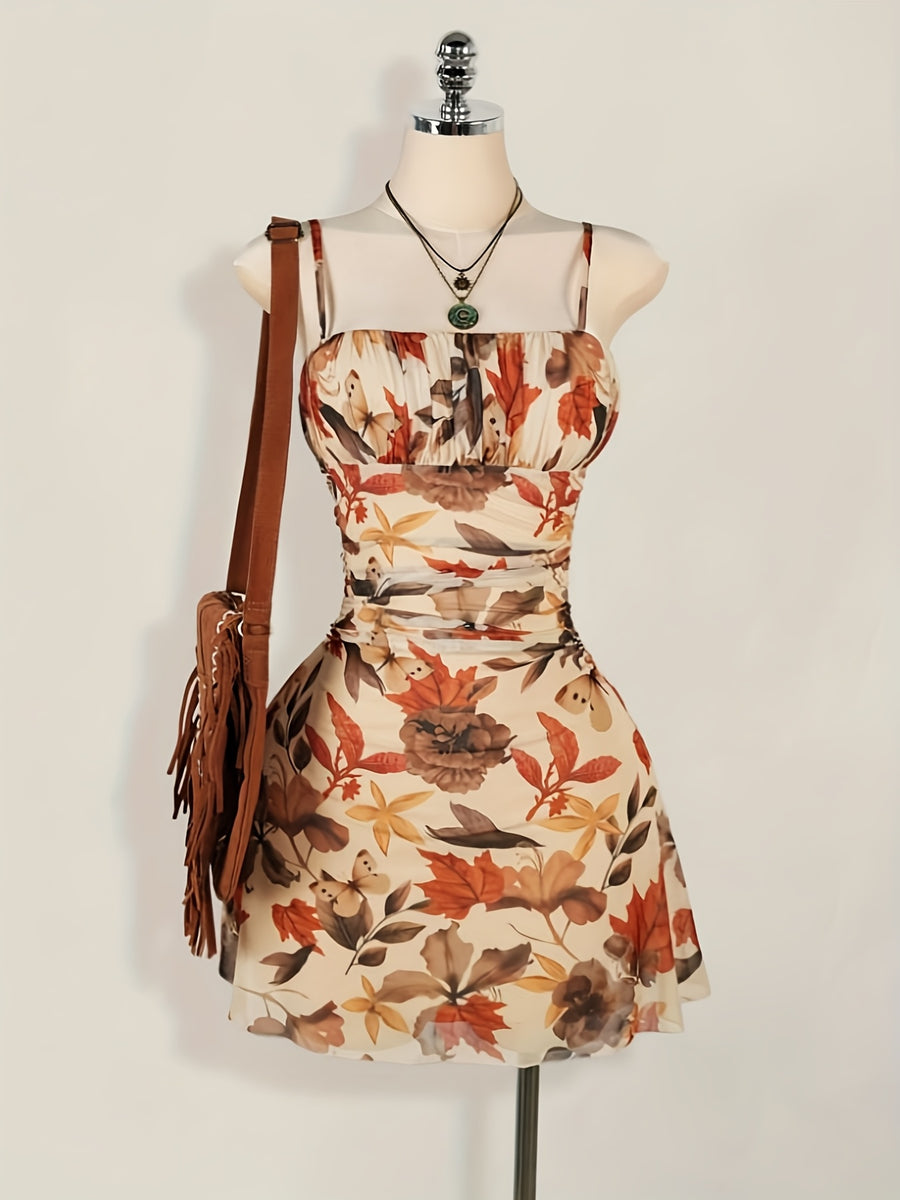 Women'S New Floral Print Ruched Decor A-Line Umbrella Skirt Cami Dress, Fashionable Elegant Vacation Commute Outing, Dating Party, Street Trendy, Casual Wear Short Dress Bridesmaid Gown, Suitable for All Seasons - Apricot