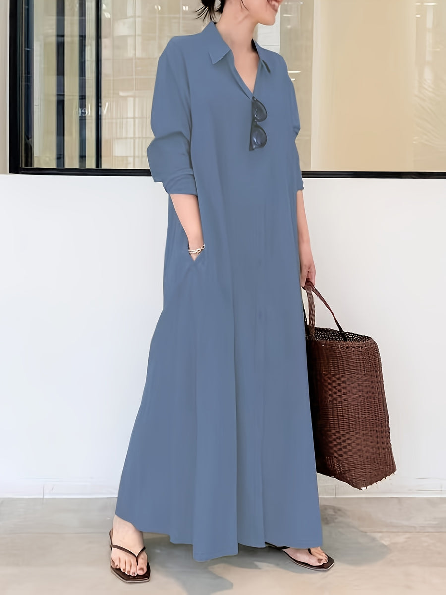 In Stock European And American New Solid Color Lapel Long Sleeve Pocket Easy Loose Casual Long Dress 1pc - Royal Blue