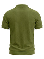 3pcs Men'S Half-Zip Vertical Ribbed Light Luxury Knit Short Sleeve Polo Shirt Set, Soft Breathable Collared Solid Color Top, Regular Fit, Casual Commute, Office, Beach, Camping, Vacation Leisure Versatile Men'S Wear, Olive Green, Beige, Navy, White - Army Green + Khaki + Navy Blue