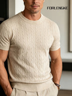 FORLENGKE Men's Summer Relaxed Holiday Style Cable Knit Crew Neck Short Sleeve T-Shirt, Soft Skin-Friendly Wrinkle-Resistant Fabric, Ideal for Summer Seaside Vacations, Market Strolls, Coffee Breaks, Short Road Trips, Friend Gatherings, and Holiday - Apricot