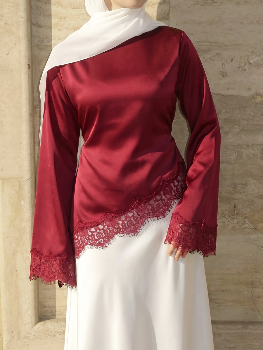Women'S Elegant Commute Satin Blouse, Lace Panel Round Neck Long Sleeve Tie Waist Top, Solid Fabric Lace Panel Asymmetrical/Asymmetrical Design, Suitable for Elegant Office Daily Dates - Burgundy