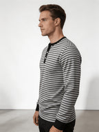 Men'S Round Neck Long Sleeve Henley Shirt, Classic Striped Button-Front Top, Ribbed Cuffs And Hem Breathable Soft Knit Pullover, Men'S Autumn Casual Shirt - Light Grey