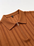 Elegant Half Zip Vertical Rib Knit Polo Shirt for Men, Lightweight Cool Collared Short Sleeve Top, Stretch Versatile Casual Blouse for Daily Multi-scene Outfits - Chocolate