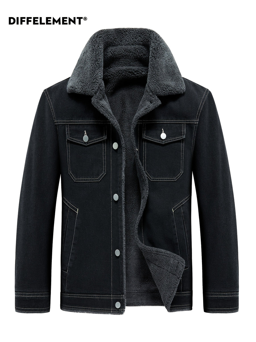 Men'S Shearling Collar Fleece-Lined Denim Jacket, Thickened Windproof Warm-Locking Cold-Resistant, Washed Denim Composite Shearling Lining Contrast Stitching Craft, Utility Casual Regular Fit, Fall Winter Street Commute Vintage Style - Black