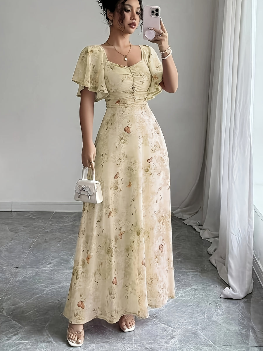 Elegant Everyday Casual Women's Chiffon Butterfly Print Batwing Sleeve Drawstring French-Style Sweet Summer Maxi Dress - Wheat-colored