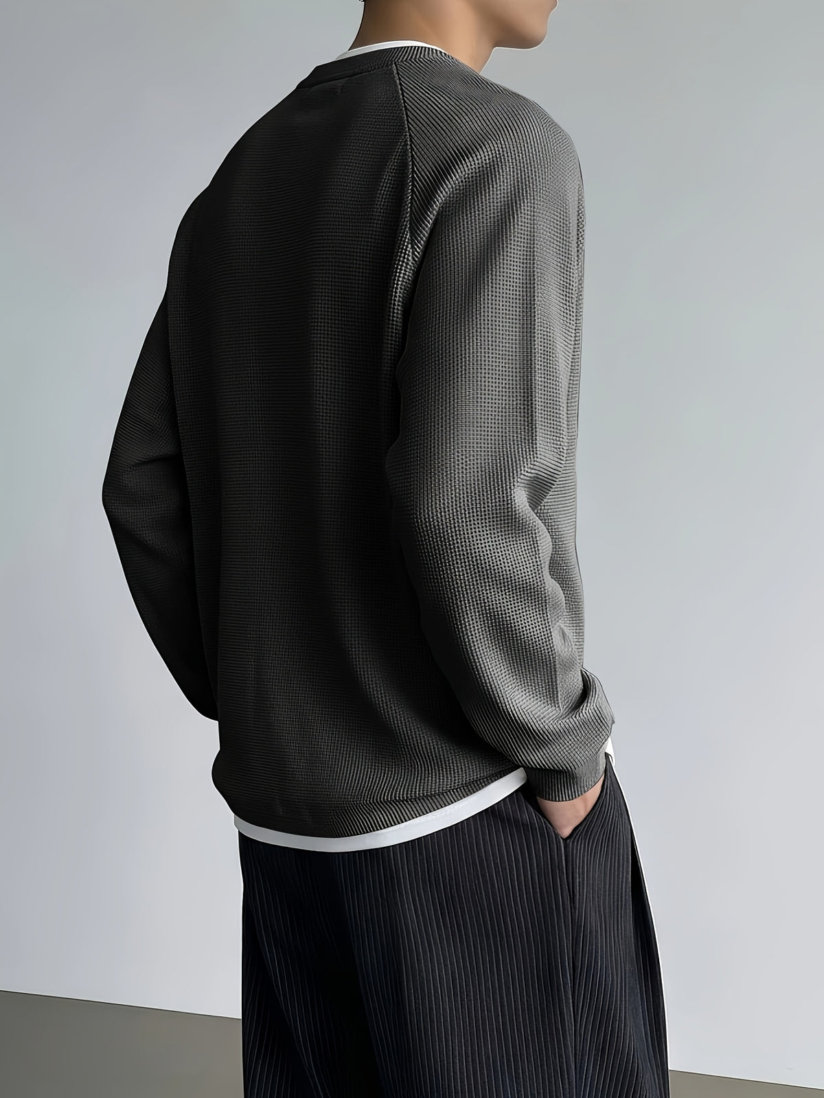 Men's Minimalist Korean Henley Collar Long Sleeve Top Waffle Knit Breathable Raglan Sleeve Casual Sweatshirt for Spring Autumn Daily Commute Layering Wear - Grey