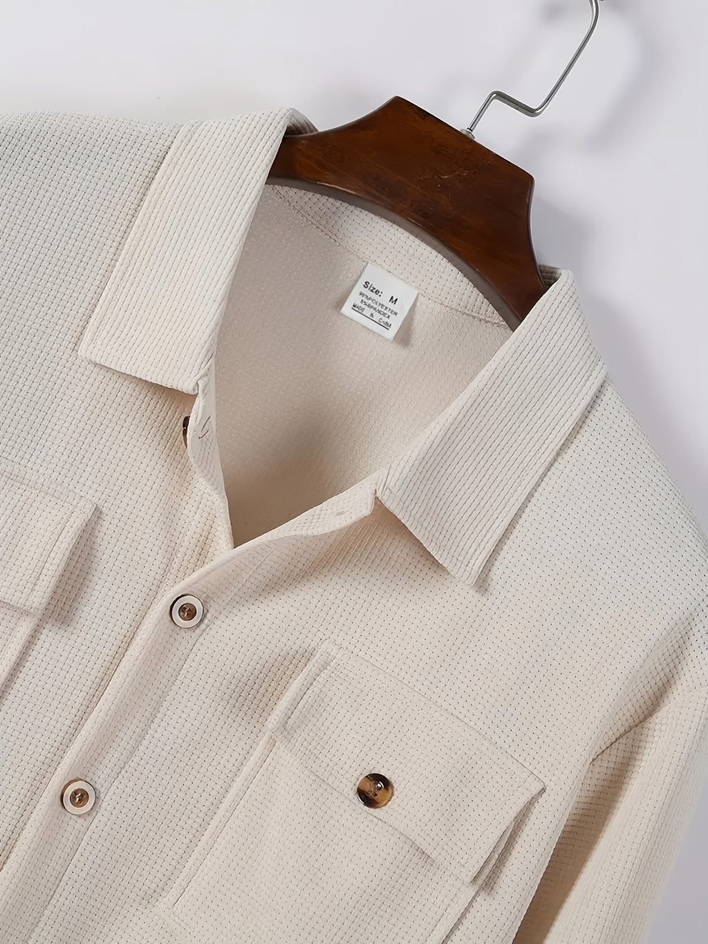 Pearson OBM Men's Casual Sport Jacket, American Vintage Waffle Texture Lapel Work Shirt Jacket, Men's Double Pocket Wood Button Loose Fit Casual Long Sleeve Shirt, Versatile Cardigan Jacket for Spring and Autumn - Khaki