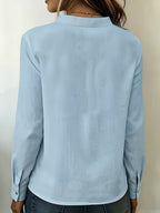 According ToFashionable V-neck Bamboo-joint Style Women's Long-sleeved Shirt - Light Blue
