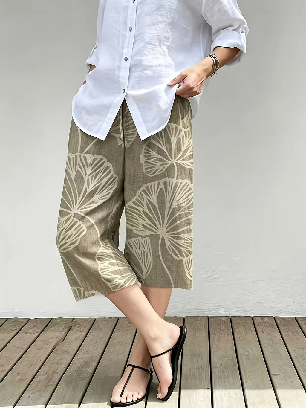 Women's High-Waist Wide-Leg Floral Print Pants - Loose Fit Mid-Length Trousers Suitable for Beach Vacation, Summer Casual Wide-Leg Beachwear, Non-Stretch Machine Washable -Style for Outfits (No Transparency, Resort Style) - Mixed colors