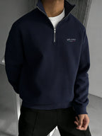 Men's Casual Half-Zip Stand Collar Sweatshirt, Thickened and Warm, Drop Shoulder Fit, Daily Long-Sleeve Top - Navy Color
