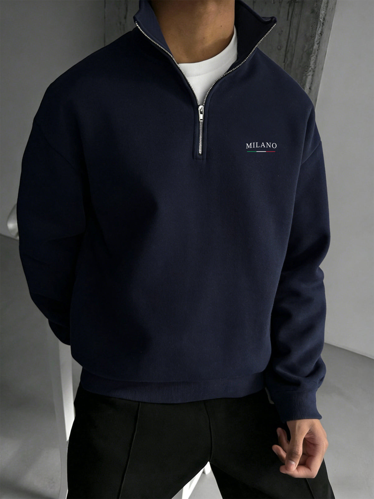 Men's Casual Half-Zip Stand Collar Sweatshirt, Thickened and Warm, Drop Shoulder Fit, Daily Long-Sleeve Top - Navy Color