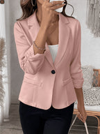 New Women's Solid Color Lapel Front Button Long Sleeve Casual Blazer 597# - Pink Color