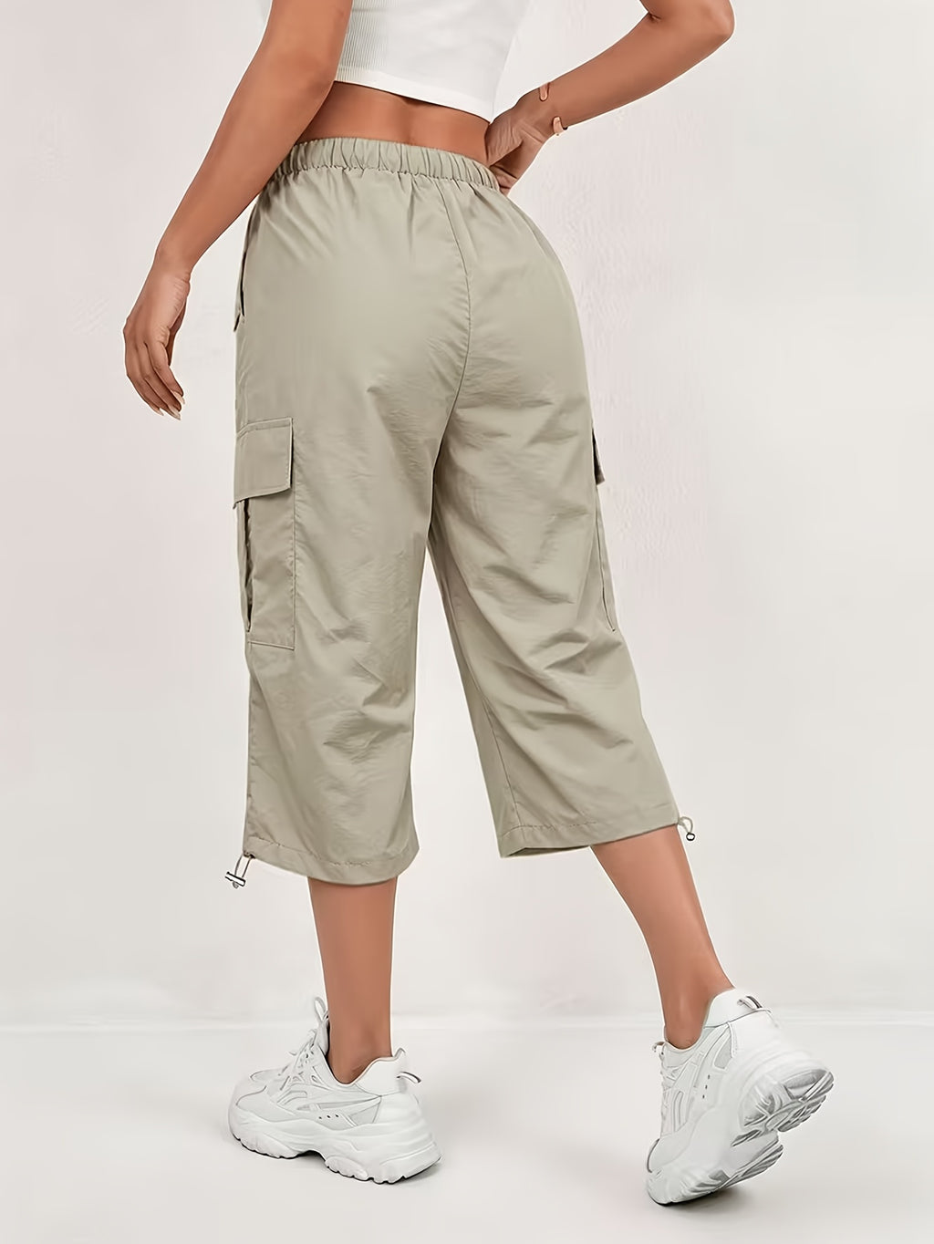 Women'S Quick-Dry Cargo Capri Pants with Elastic Waist And Drawstring - Lightweight Stretch Suitable for Outdoor Pants, Multi-Trousers, Machine Washable Loose-Fit Mid-Length for Travel, Casual Attire - Khaki