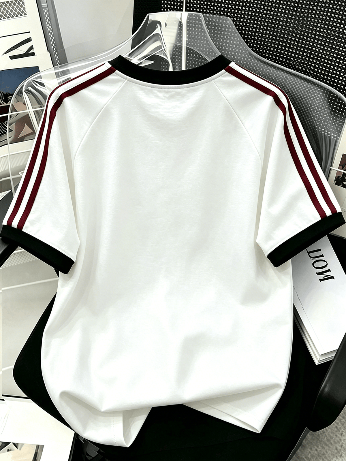 Cartoon Pattern Print Double Stripe Color-Block T-Shirt, Men'S Size, 100%, Machine Washable - Casual Comfortable, Diverse Styles, Loose Fit, Summer Short Sleeve - White