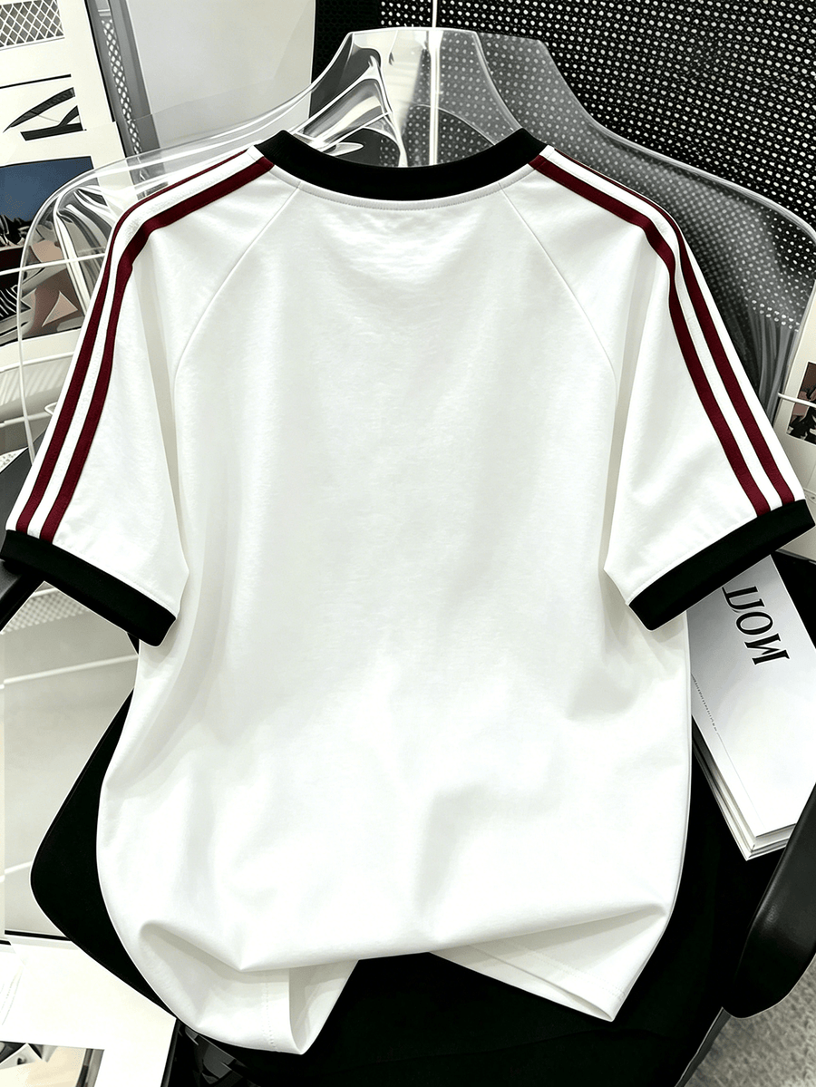 Cartoon Pattern Print Double Stripe Color-Block T-Shirt, Men'S Size, 100%, Machine Washable - Casual Comfortable, Diverse Styles, Loose Fit, Summer Short Sleeve - White