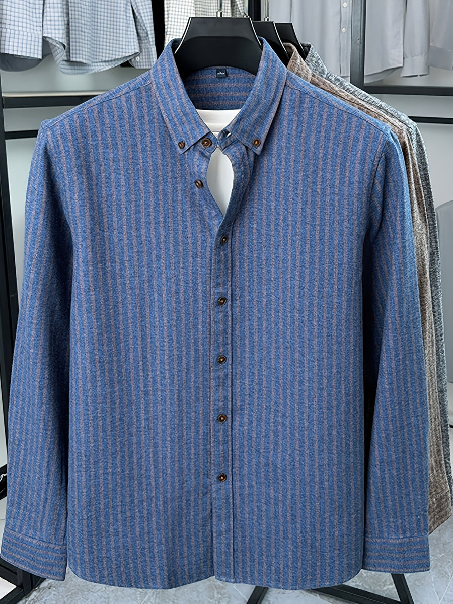 Men's Brushed Vertical Stripe Long-Sleeve Shirt, Vintage Vertical Stripes, Loose Casual Fit, Suitable for Autumn and Early Winter - SINBOS - Blue